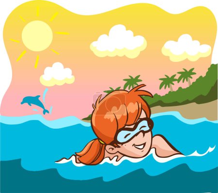 Téléchargez les illustrations : Enfants nageant dans la mer en été vecteur de dessin animé - en licence libre de droit