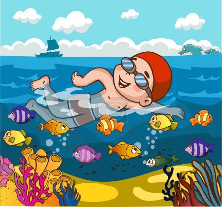 Ilustración de Niños nadando en el mar en verano vector de dibujos animados - Imagen libre de derechos