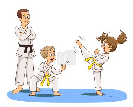 Illustration for Cartoon kids training martial arts in kimono uniform. Karate or taekwondo character illustration. - Royalty Free Image