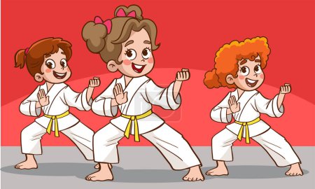 Illustration for Cartoon kids training martial arts in kimono uniform. Karate or taekwondo character illustration. - Royalty Free Image