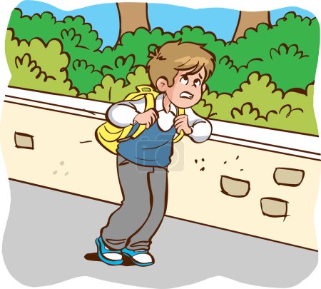 Téléchargez les illustrations : Fatigué garçon de retour de l'école dessin animé vecteur - en licence libre de droit