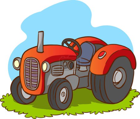 Téléchargez les illustrations : Red cartoon tractor isolated on white background. Heavy agricultural machinery for field work. - en licence libre de droit