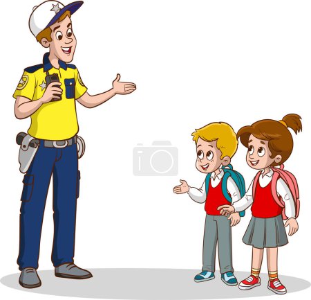 Illustration for Vector illustration of kids talking to traffic police - Royalty Free Image