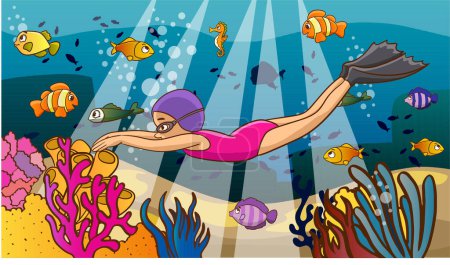 Téléchargez les illustrations : Petite fille mignonne dessin animé plongeur vecteur illustration - en licence libre de droit