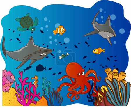 Téléchargez les illustrations : Paysage sous-marin sans couture dans le style de dessin animé. Illustration vectorielle - en licence libre de droit