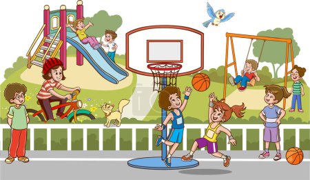 Ilustración de Anuncio: ilustración vectorial de niños felices jugando en el patio de recreo - Imagen libre de derechos