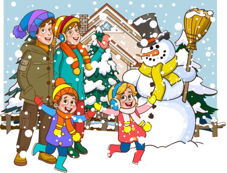 Illustration for Winter kids and snow snowfall. winter family and snow snowfall vector - Royalty Free Image