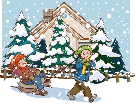 Illustration for Winter kids and snow snowfall. winter family and snow snowfall vector - Royalty Free Image