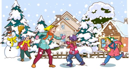 Téléchargez les illustrations : Enfants d'hiver et chutes de neige. hiver famille et neige neige vecteur de chute - en licence libre de droit