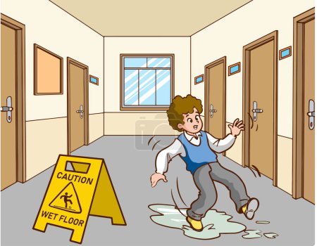 Illustration for Boy slipping on wet floor cartoon vector - Royalty Free Image