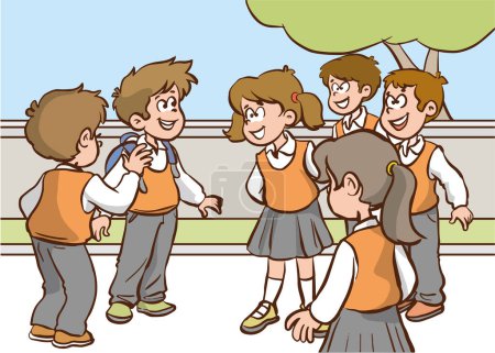 Téléchargez les illustrations : Mignons enfants parlent dans la cour d'école dessin animé vecteur - en licence libre de droit