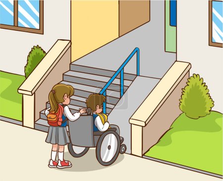 Téléchargez les illustrations : Enfant serviable portant son amie dans un fauteuil roulant, vecteur de dessin animé d'entraînement comportemental exemplaire - en licence libre de droit