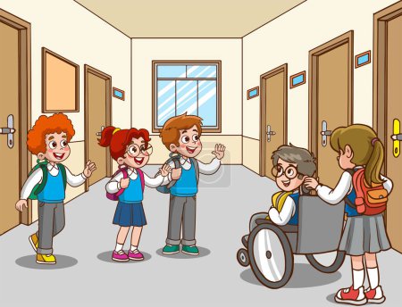 Ilustración de Estudiantes saludan en la escuela vector de dibujos animados - Imagen libre de derechos