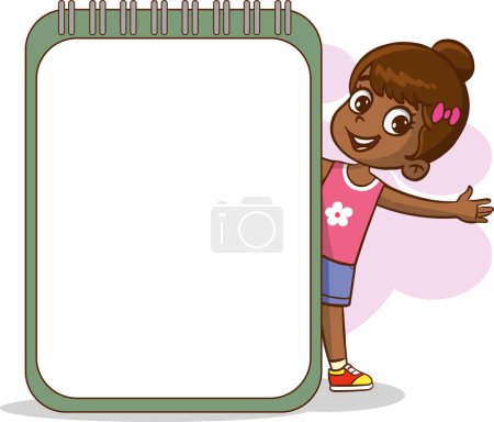 Illustration for Cartoon illustration of a cute little girl holding a blank notebook page - Royalty Free Image
