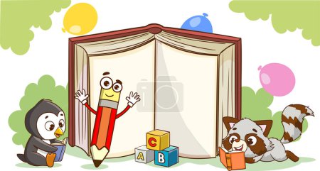 Illustration for Illustration of a Cute Cartoon Animals Reading a Book with a Pencil - Royalty Free Image