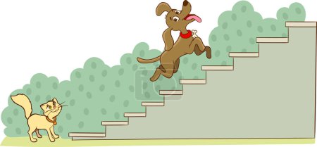 Illustration for Cat and dog climbing stairs cartoon vector - Royalty Free Image