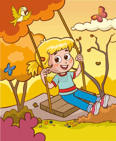 Ilustración de Niño balanceándose en columpio con vector de dibujos animados - Imagen libre de derechos