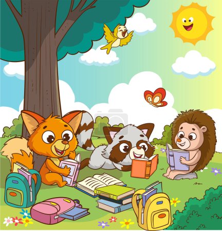 Ilustración de Animales lindos leyendo bajo el vector de dibujos animados árbol - Imagen libre de derechos