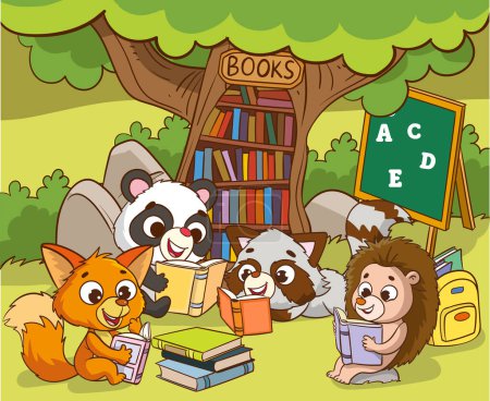Téléchargez les illustrations : Animaux mignons lisant sous le vecteur de dessin animé arbre - en licence libre de droit