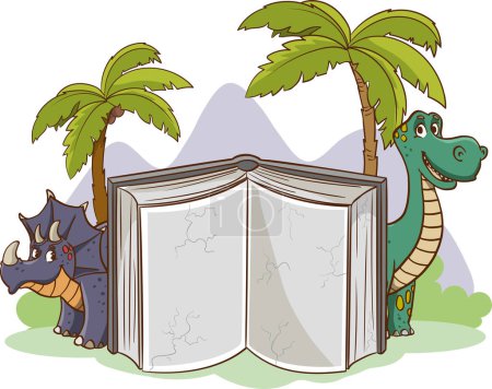 Téléchargez les illustrations : Papier de note vierge avec de jolis dinosaures pour enfants Éducation Cartoon Vector - en licence libre de droit