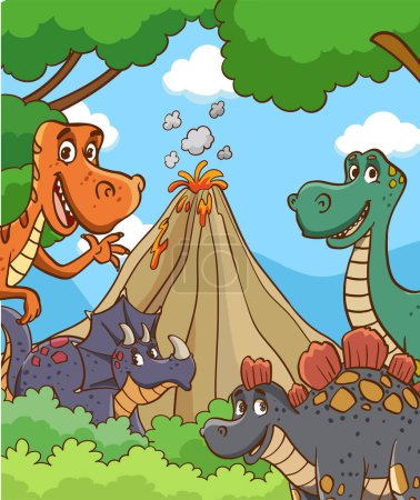 Illustration for Cartoon happy dinosaur and fire spitting volcanic mountain in jungle - Royalty Free Image