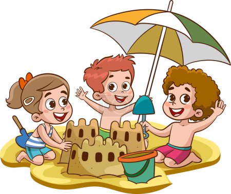 Ilustración de Niños niños tomando el sol nadando en el mar en el campamento infantil de verano en la orilla de la playa del mar. El niño está jugando con la pelota. Los niños en la playa están construyendo un castillo de arena. - Imagen libre de derechos