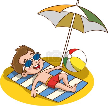 Téléchargez les illustrations : Enfants enfants bronzent nageant dans la mer au camp d'été pour enfants sur la plage de la mer. Le petit garçon joue avec la balle. Les enfants sur la plage construisent un château de sable. - en licence libre de droit