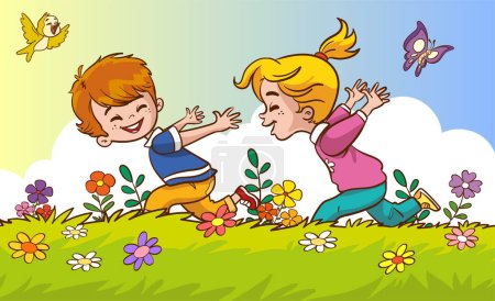 Téléchargez les illustrations : Enfants jouant sur la prairie avec des fleurs. Illustration vectorielle de dessin animé. - en licence libre de droit