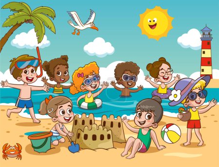 Téléchargez les illustrations : Enfants enfants bronzent nageant dans la mer au camp d'été pour enfants sur la plage de la mer. Le petit garçon joue avec la balle. Les enfants sur la plage construisent un château de sable. - en licence libre de droit