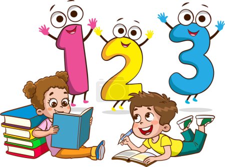 Ilustración de Ilustración vectorial de niños aprendiendo matemáticas con números coloridos. Concepto de números multicolores. - Imagen libre de derechos