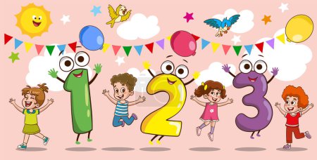 Illustration for Vector illustration of kids learning math with colorful numbers.Concept Of Multi Colored Numbers. - Royalty Free Image