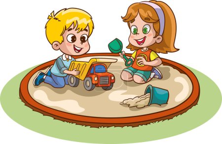Ilustración de Niños jugando en el patio. Ilustración vectorial de un grupo de niños jugando en el patio de recreo. - Imagen libre de derechos