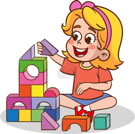 Illustration for Illustration of Kids Playing with Colorful Blocks on a White Background - Royalty Free Image