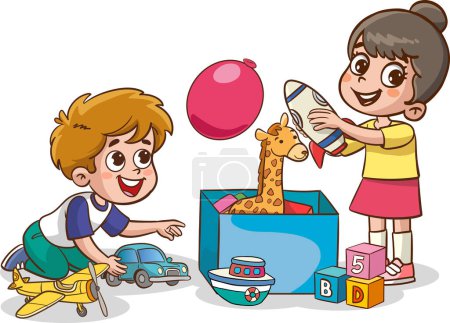 Téléchargez les illustrations : Illustration d'enfants jouant avec des blocs colorés sur un fond blanc - en licence libre de droit