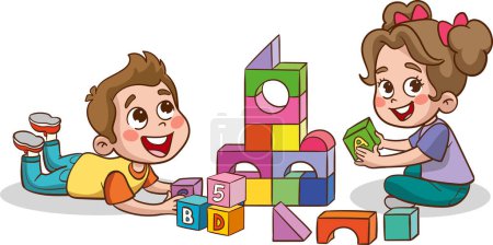 Téléchargez les illustrations : Illustration d'enfants jouant avec des blocs colorés sur un fond blanc - en licence libre de droit