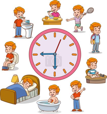Daily routine with simple clocks.Vector set with kid. funny cartoon character. vector illustration. isolated on white background