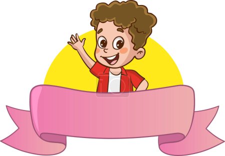 Happy cute little kid with blank banner vector illustration