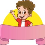 Happy cute little kid with blank banner vector illustration