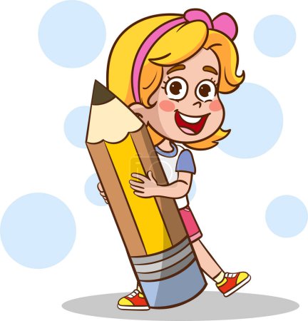 Illustration for Fun educational images with educational materials.Funny Kid Flying On Colorful Pencil cartoon vector - Royalty Free Image