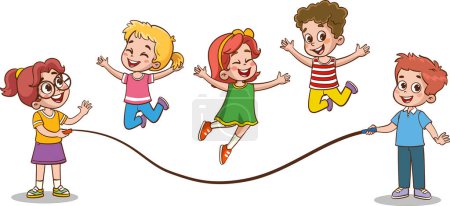 Téléchargez les illustrations : Joyeux petits enfants s'amusent. illustration vectorielle de mignons enfants saut à la corde - en licence libre de droit