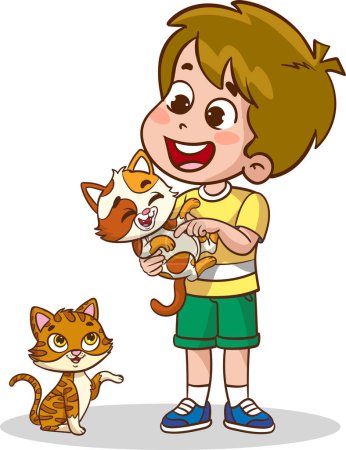 Téléchargez les illustrations : Petits enfants jouer ensemble avec mignon chat - en licence libre de droit
