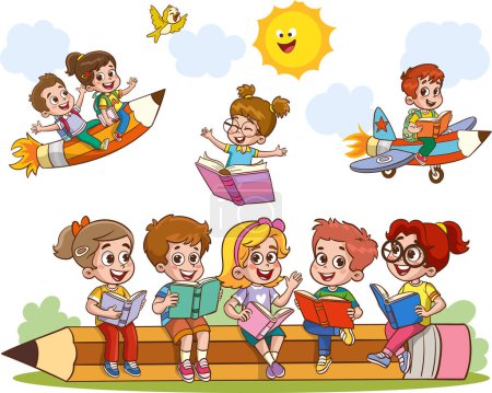Ilustración de Divertidas imágenes educativas con materiales educativos.Divertido niño volando en colorido vector de dibujos animados lápiz - Imagen libre de derechos