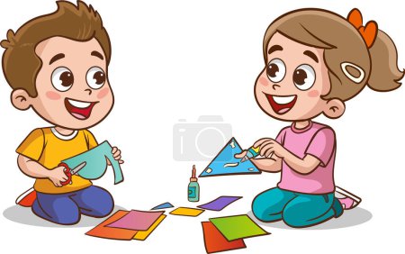 Little cute kids cut paper for art with friend