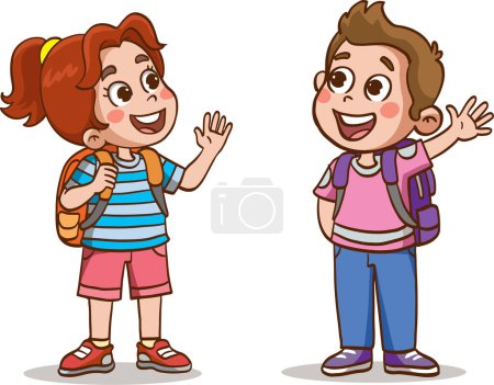 Téléchargez les illustrations : Petit enfant dire bonjour à un ami et aller à l'école ensemble - en licence libre de droit