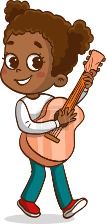 Téléchargez les illustrations : Afro américain petite fille mignonne jouer guitare dessin animé vecteur - en licence libre de droit