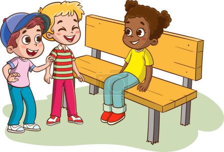 Téléchargez les illustrations : Heureux enfants d'âge mixte multiethnique sont assis sur un banc et bavarder. Fille joyeusement parler sourire et rire. - en licence libre de droit