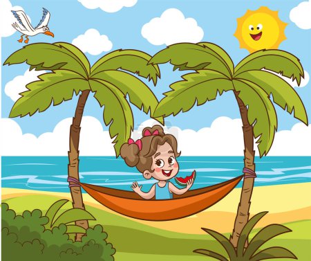 Téléchargez les illustrations : Enfants mignons s'amuser dans le sea.girl s'amuser dans le vecteur de dessin animé hamac. - en licence libre de droit