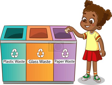 Ilustración de Chica tirar basura en el vector de la papelera de reciclaje - Imagen libre de derechos