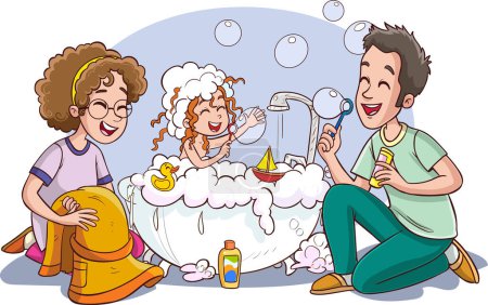 Téléchargez les illustrations : Illustration vectorielle d'une famille heureuse d'enfants.fille de bain et la famille - en licence libre de droit