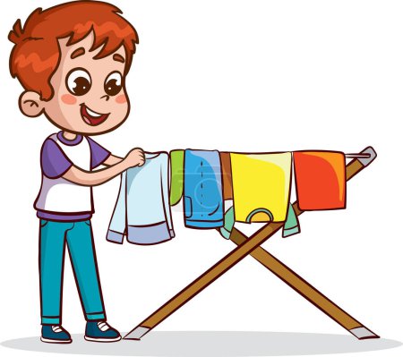Téléchargez les illustrations : Enfants mignons pendaison blanchisserie. garçon pendaison propres vêtements lavés pour sécher - en licence libre de droit